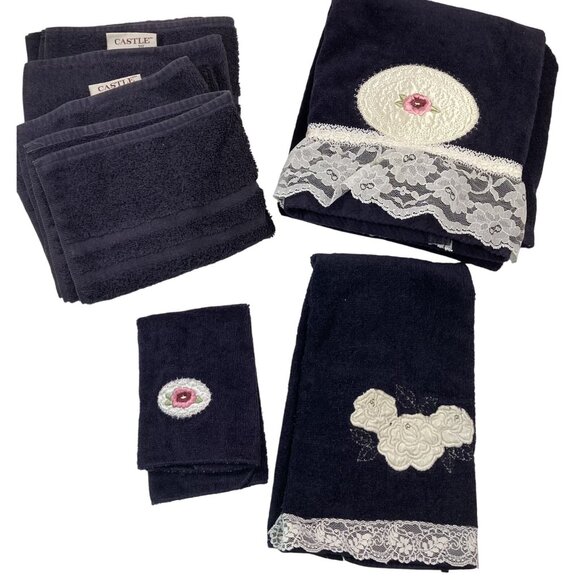 Vintage 90s Bath Towel Set Black Floral Lace Hand Fingertip Washcloth 80s USA - Picture 1 of 7